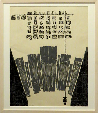 Full de calendari linogravat amb temàtica d'oficis editat l'any 1966 per Josep M. Matabosch. Josep M. Subirachs
