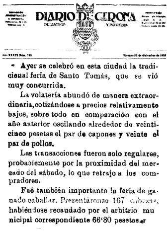 Notícia sobre la fira de Sant Tomàs publicada pel 'Diario de Gerona de avisos y not&iacuute;cias' del 22/12/1922