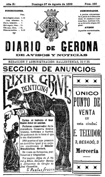 Anunci publicat al 'Diario de Gerona de avisos y notícias' el 27/8/1899