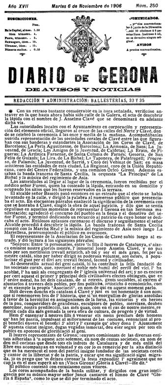 Notícia del canvi de nom del carrer i col·locació de la placa dedicada a Anselm Clavé. 'Diario de Gerona de avisos y notícias', 6/11/1906