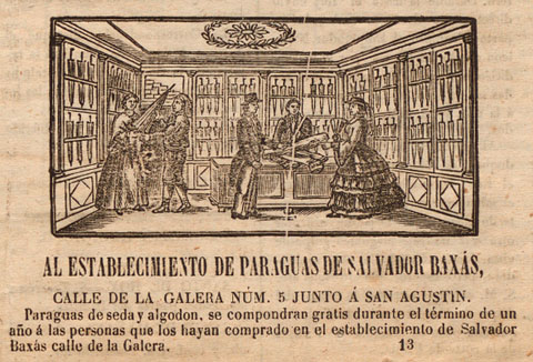 Anunci d'una botiga de paraigües al carrer de la Galera. Publicat al periòdic 'El Gerundense' el 5/11/1861