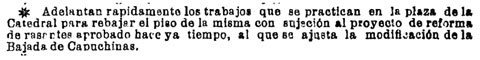 'Diario de Gerona de Avisos y notícias' 17 de març 1904. Prosperen les obres de rebaix del terra de la plaça d'acord amb projecte de reforma de rasants