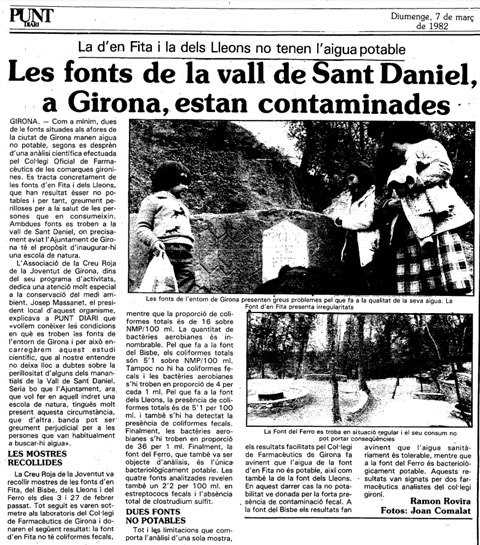 Article sobre la contaminació detectada a l'aigua de la font dels Lleons, publicat al diari 'El Punt' el 7/3/1982