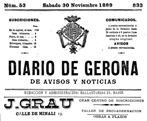 Anunci publicat al 'Diario de Gerona de avisos y notícias' el 30/11/1889