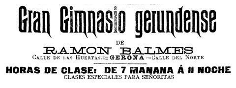 Anunci del 'Gran Gimnasio Gerundense' de Ramon Balmes publicat al 'Diario de Gerona de Avisos y Notícias' del 18/10/1890