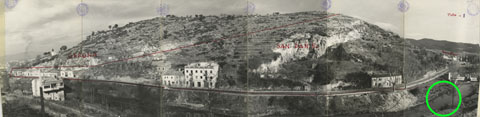 Límits entre Girona i Sant Daniel, vistos des del puig de Montilivi, el 1961. Encerclada, la ubicació del pont que es proposa