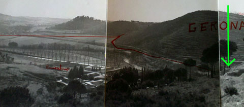Límits entre Girona i Sant Daniel, vistos des de les Pedreres, el 1961. La fletxa indica la proposta d’ubicació del pont, que queda amagat
