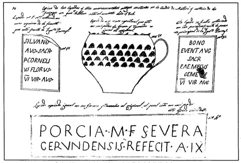 Pàgina del manuscrit de J. Rius amb el dibuix de la làpida