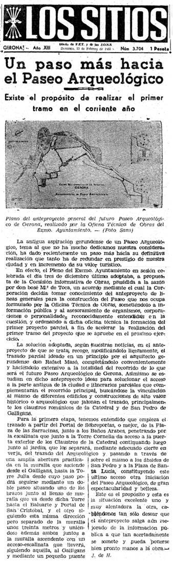 Notícia sobre sobre l'avantprojecte del Passeig Arqueològic publicat al diari 'Los Sitios de Gerona' el 13/2/1955