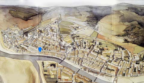 La situació del carrer Ballesteries en una restitució de Girona a principis del segle XIV