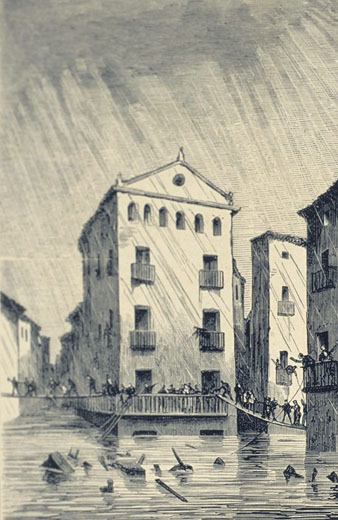 El carrer de la Barca inundat per l'Onyar i el Ter. 1876