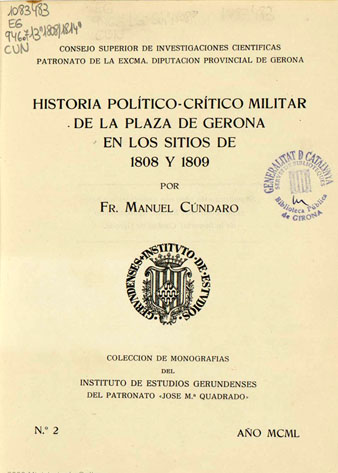 Portada de 'Historia político-crítico militar de la plaza de Gerona en los sitios de 1808 y 1809' de Manuel Cúndaro. 1953
