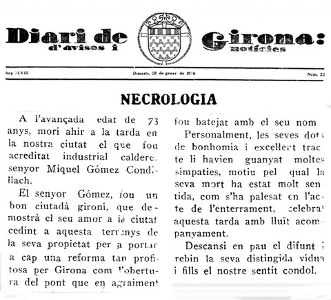 Necrol&ograve;gica de Miquel G&oacute;mez Condillach