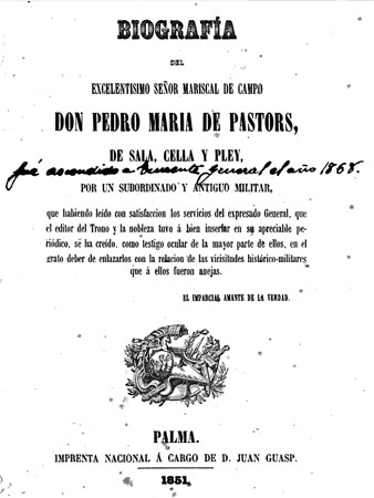 Portada de Biografía del Excelentísimo Señor Mariscal de Campo Don Pedro María de Pastors, 1851