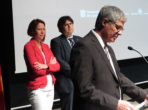Marta Madrenas, Pere Vila i Eudald Casadesús durant la presentació dels actes commemoratius
