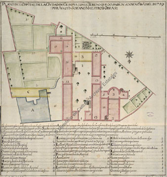 Plano del Ospital de la Ciudad de Gerona con el Tereno que ocupa delineado en 6 de abril de 1739 por Agustín Soriano, maestro de Obras