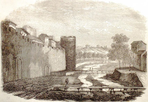 Torre del carmen y muro de los invencibles en Gerona. Gravat de 1851