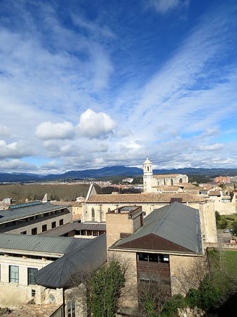 Vista dels teulats de Girona des del tram de muralla. En primer terme, les dependències universitàries del campus del Barri Vell