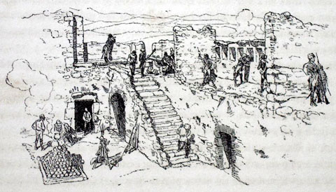Els artillers del fort de San Cristòfol obrint foc d'artilleria contra els francesos. Gravat 1883