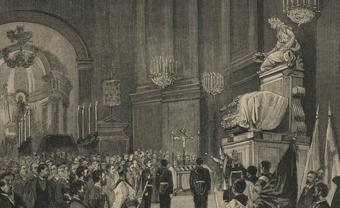 Cerim&ograve;nia per a la inhumaci&oacute; de les restes del general &Aacute;lvarez de Castro, celebrada a l'esgl&eacute;sia de Sant Feliu. 1880
