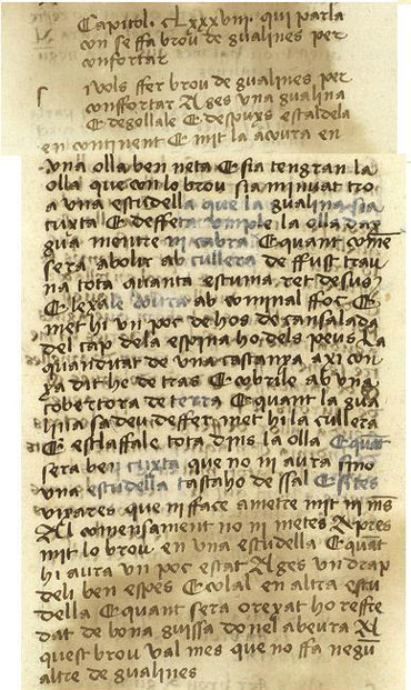 Llibre de Sent Soví, any 1324. Capítol CLXXXVII. Qui parla de com se ffa brou de gualines per confortar