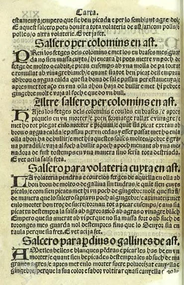 Pàgina del Llibre de Coch, 1520, on es donen diverses receptes de salses per colomins