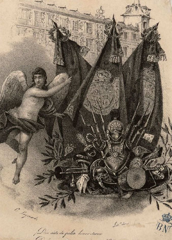 Al&middot;legor�a del 7 de juliol. La inscripci&oacute; diu: !D&iacute;a 7 de julio honor eterno!. La Mil&iacute;cia Nacional va tenir un paper decisiu en la derrota de la Sublevaci&oacute; de la Gu&agrave;rdia Reial en la jornada del 7 de juliol de 1822