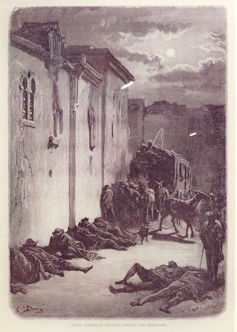 Diligència de nit entre Girona i Perpinyà. Gravat de Gustave Doré, 1870