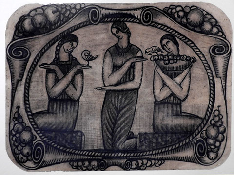 Composició amb tres figures femenines. Ca. 1916. Carbó sobre paper. Col·lecció Cristina Arxer, Figueres