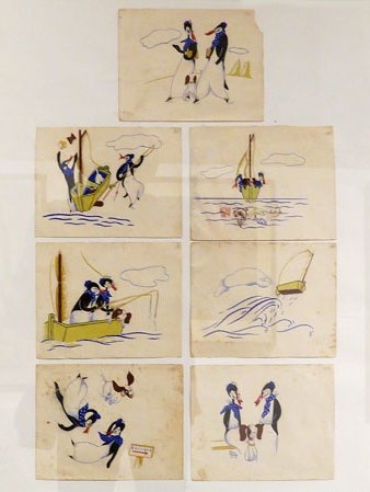 Dibuixos animats: dos pingüins i un gos. 1938. 7 dibuixos de 15 x 19 cm