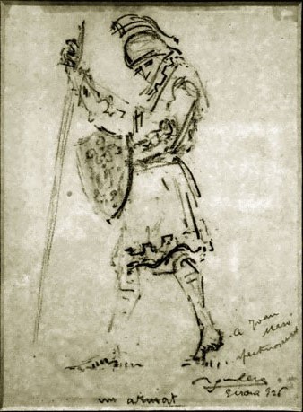 Dibuix dun armat que el pintor Josep Aguilera i Martí (1882-1956) dedicà a Joan Masó i Valentí, germà de larquitecte Rafael Masó