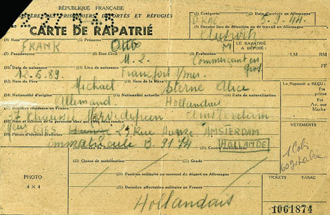 Carta de Rapatriat d'Otto Frank, pare d'Anne Frank. Document per anar d'Auschwitz, via Marsella, fins Amsterdam