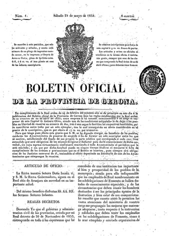 Primer n&uacute;mero del Botlletí Oficial de la Província de Girona, editat el 24 de maig de 1834