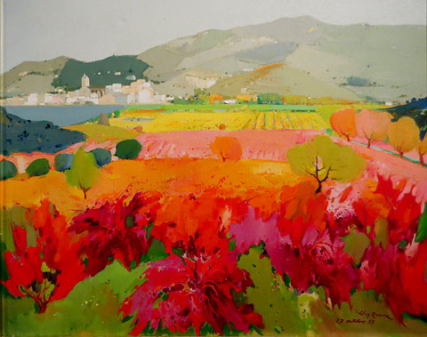 El Port de la Selva, 1977. Amb l'extensi&oacute; de vinyes avui desaparegudes, des de la Selva de Mar. 92 x 73