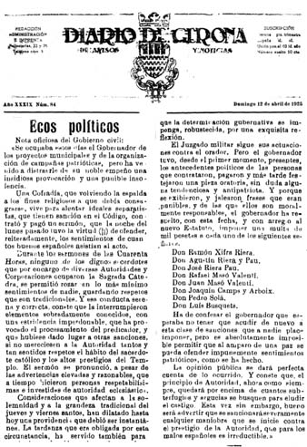 Notícia del 'Diario de Gerona de avisos y notí:cias' del 12/4/1925 amb la nota de premsa de les autoritats sobre el sermó de Barceló