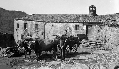 Pagès amb una carreta amb dos bous a l'hostal del santuari de la Mare de Déu del Far. 1924-1936